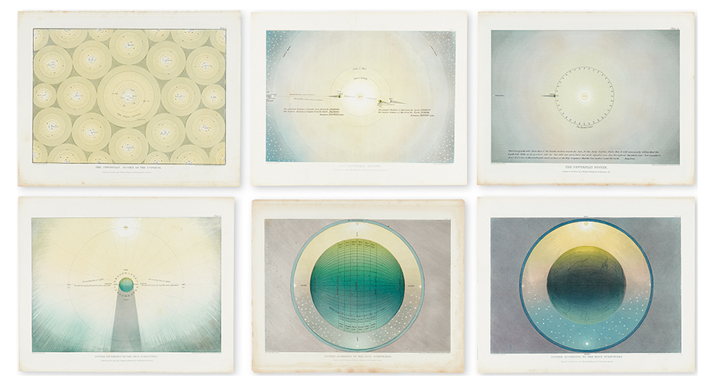 (CELESTIALS - MUGGLETONIAN.) Frost, Isaac. Series of 6 plates representing the geocentric Muggletonian astronomical theory.